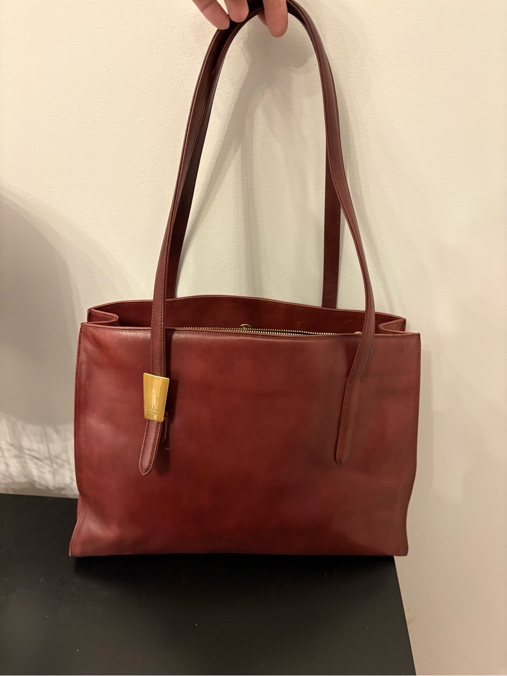 Vintage Valentino Garavani Burgundy Leather Tote Shoulder Bag Gold V Logo